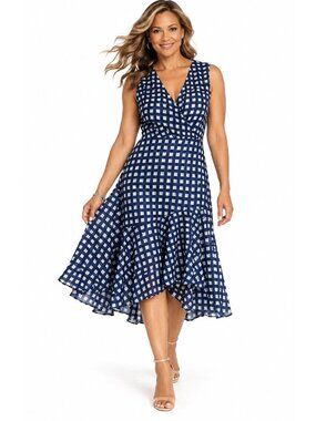 Eliza J Size 16W Blue Gingham Lined High Low Faux Wrap Fashionable Midi Dress
